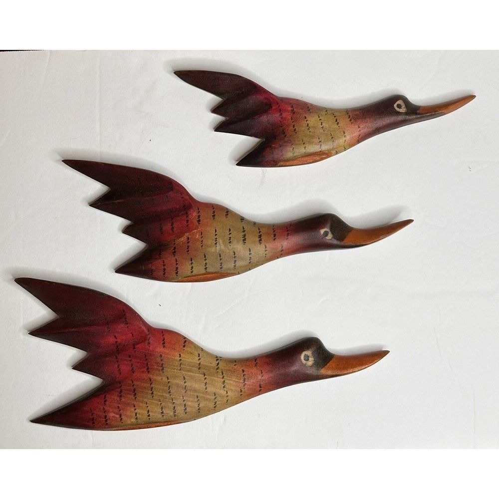 Lot 3 Vintage Mid Century Wooden Ducks Geese Flying Plaque Wall Hanging